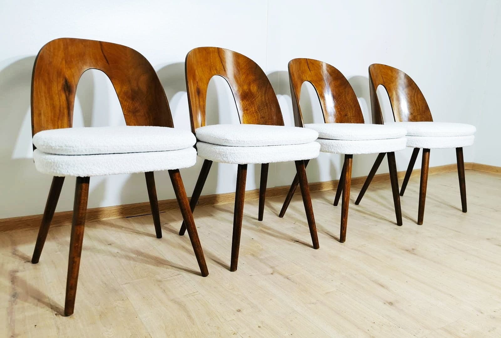 Set of chairs, light bouclé, walnut, by A. Suman, Tatra Nabytok, Czechoslovakia, 1960s. - 49386