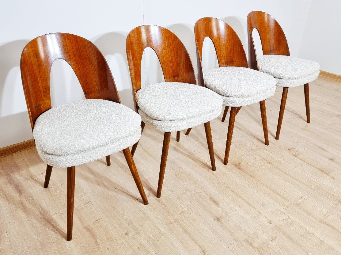 Set of chairs, walnut, light bouclé, by A. Suman, Tatra Nabytok, Czechoslovakia, 1960s. - 49378