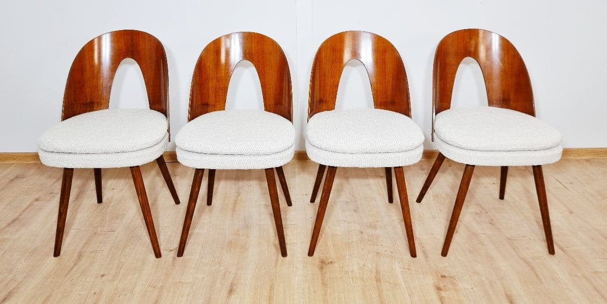 Set of chairs, walnut, light bouclé, by A. Suman, Tatra Nabytok, Czechoslovakia, 1960s. - 49376