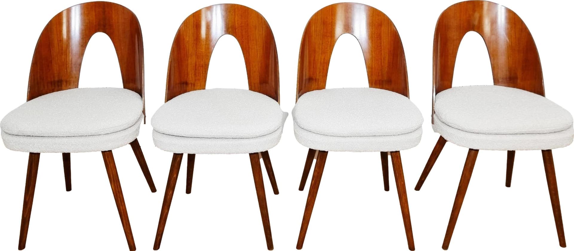 Set of chairs, walnut, light bouclé, by A. Suman, Tatra Nabytok, Czechoslovakia, 1960s.