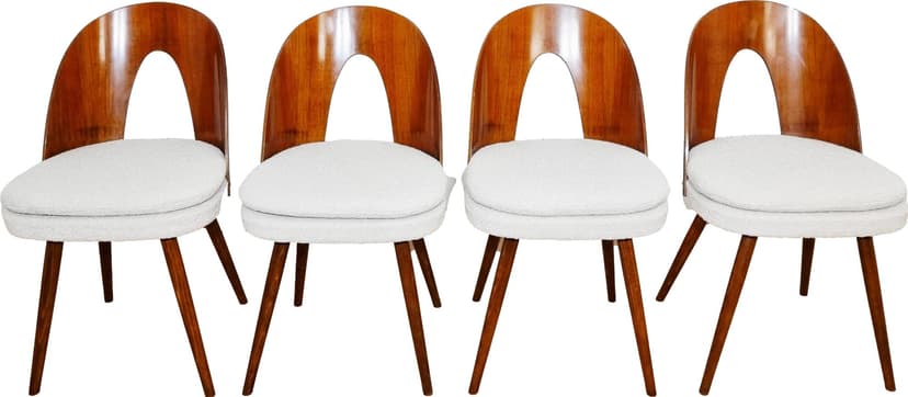 Set of chairs, walnut, light bouclé, by A. Suman, Tatra Nabytok, Czechoslovakia, 1960s.