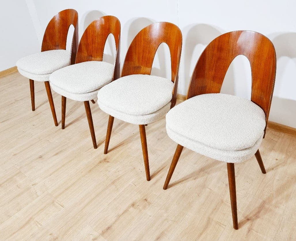 Set of chairs, walnut, light bouclé, by A. Suman, Tatra Nabytok, Czechoslovakia, 1960s. - 49377