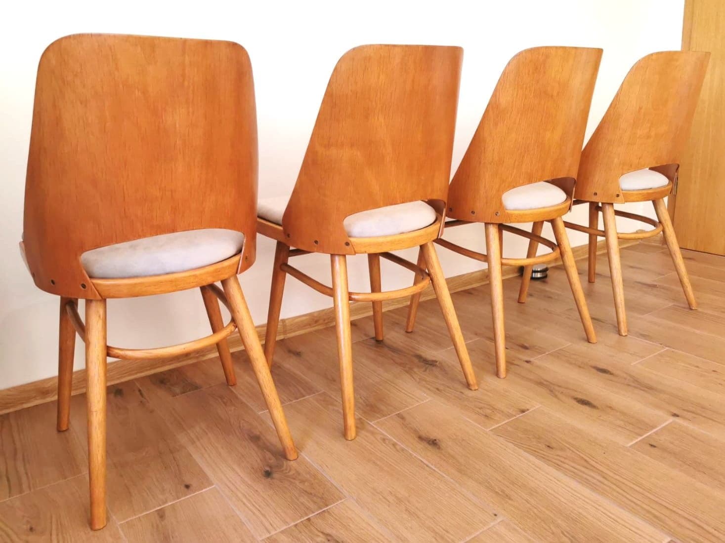 Set of four chairs, beige velour, honey wood, by R. Hoffman, Ton, Holešov, Czechoslovakia, 1960s. - 49358