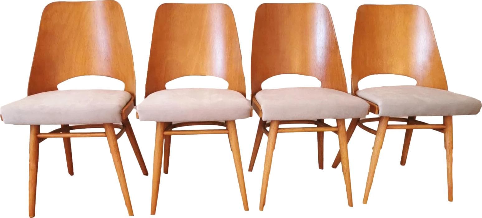Set of four chairs, beige velour, honey wood, by R. Hoffman, Ton, Holešov, Czechoslovakia, 1960s.