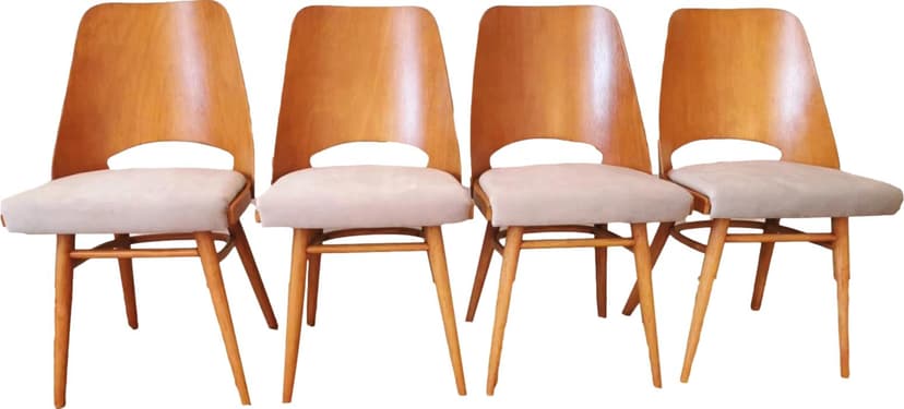 Set of four chairs, beige velour, honey wood, by R. Hoffman, Ton, Holešov, Czechoslovakia, 1960s.