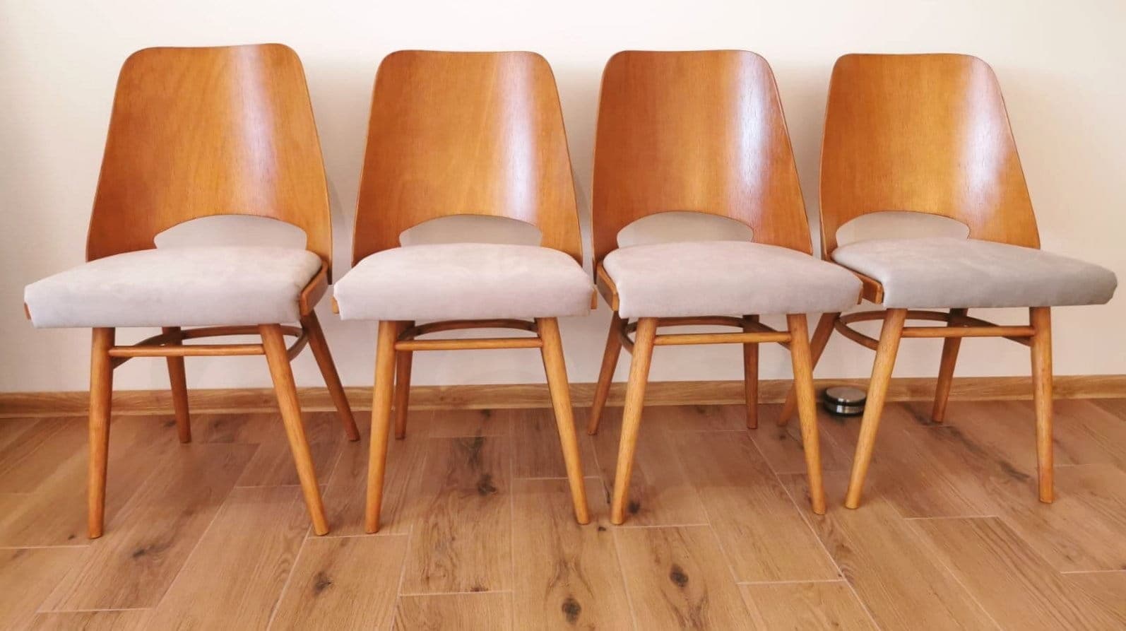 Set of four chairs, beige velour, honey wood, by R. Hoffman, Ton, Holešov, Czechoslovakia, 1960s. - 49356
