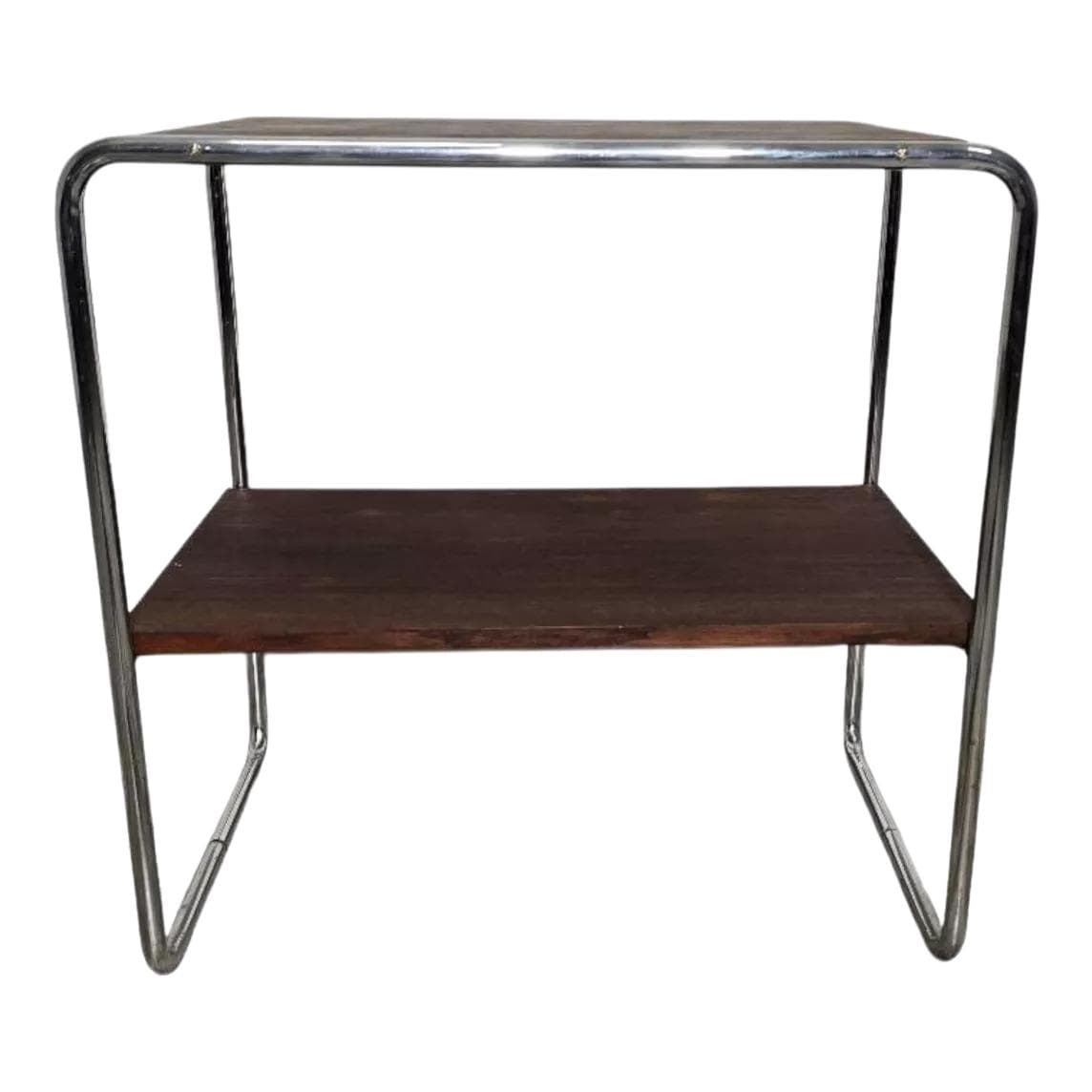 Stolik B12, chromowana stal srebrna, drewno brązowy ciemny, proj. M. Breuer, lata 30.