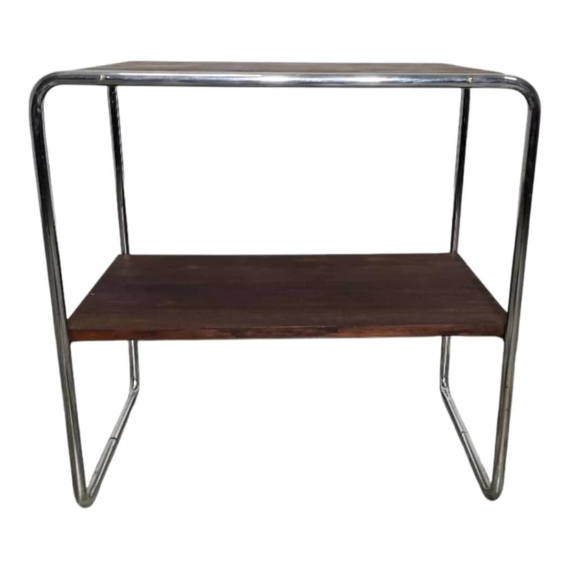 Stolik B12, chromowana stal srebrna, drewno brązowy ciemny, proj. M. Breuer, lata 30.