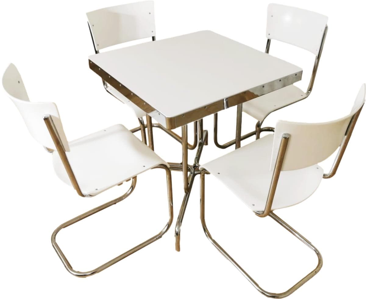 Zestaw jadalniany Bauhaus, stal chromowana biała, proj. M. Breuer, M. Stam, Czechosłowacja, lata 30.