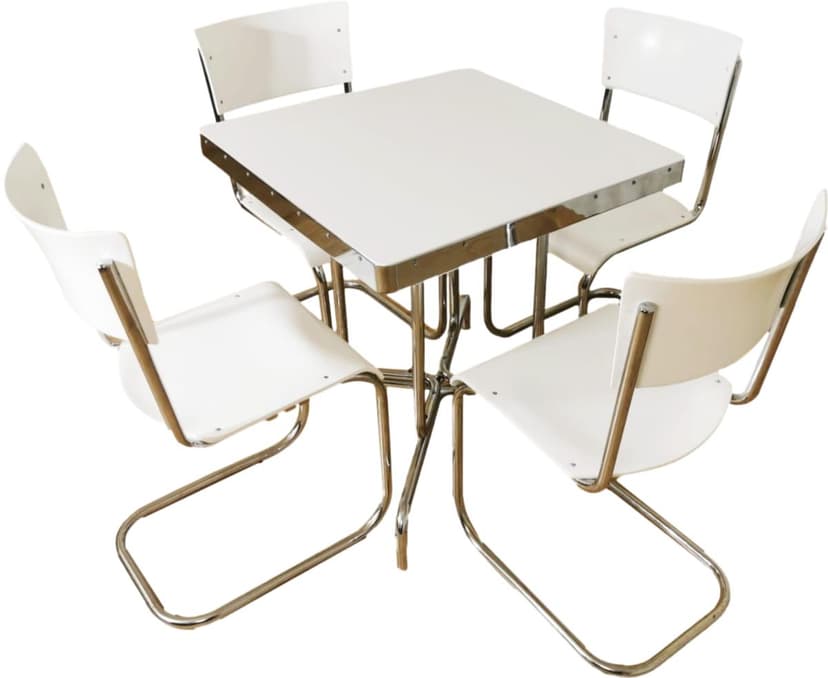 Zestaw jadalniany Bauhaus, stal chromowana biała, proj. M. Breuer, M. Stam, Czechosłowacja, lata 30.