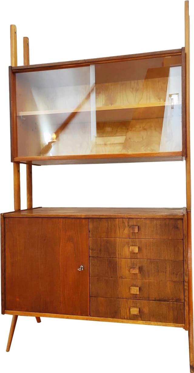 Modular shelving unit, brown wood, by F. Jirak, Tatra Nabytok, Czechoslovakia, 1960s. - DIMENSION