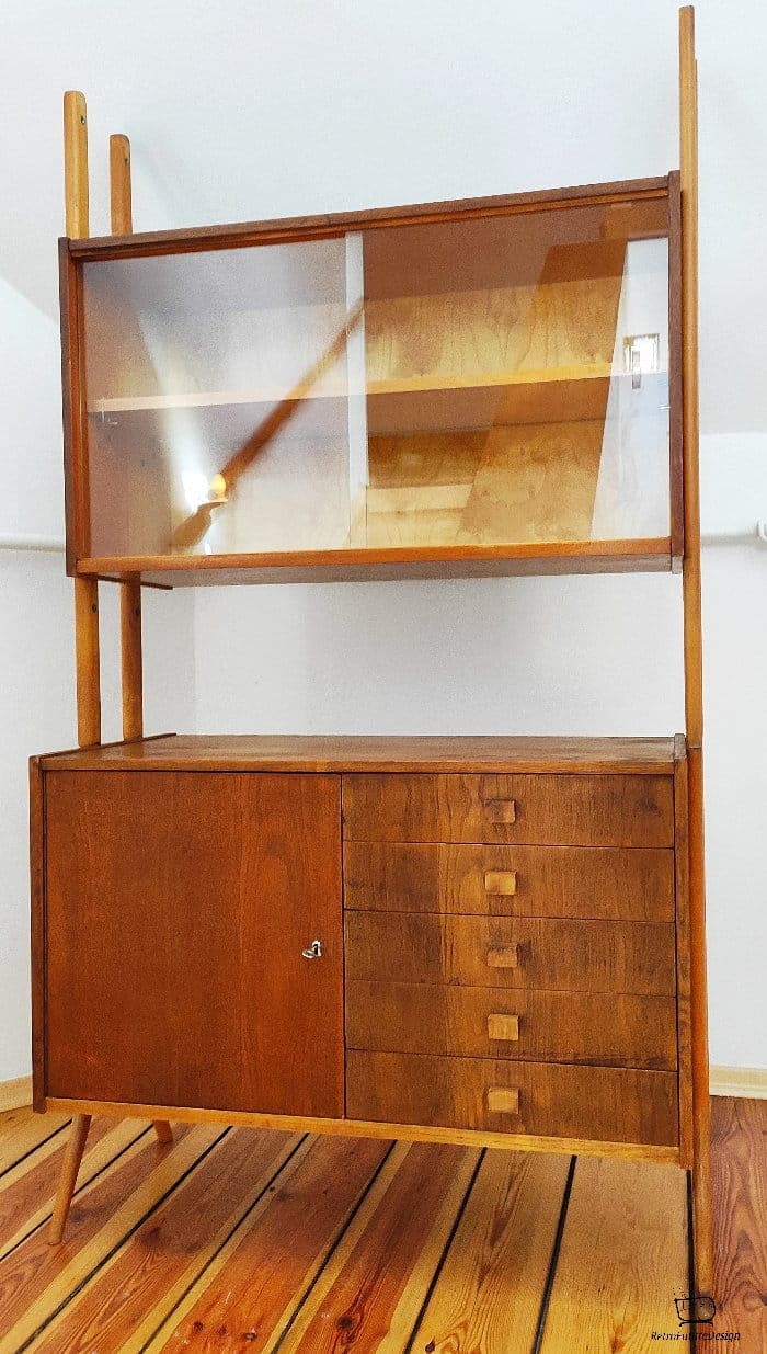 Modular shelving unit, brown wood, by F. Jirak, Tatra Nabytok, Czechoslovakia, 1960s. - 48997