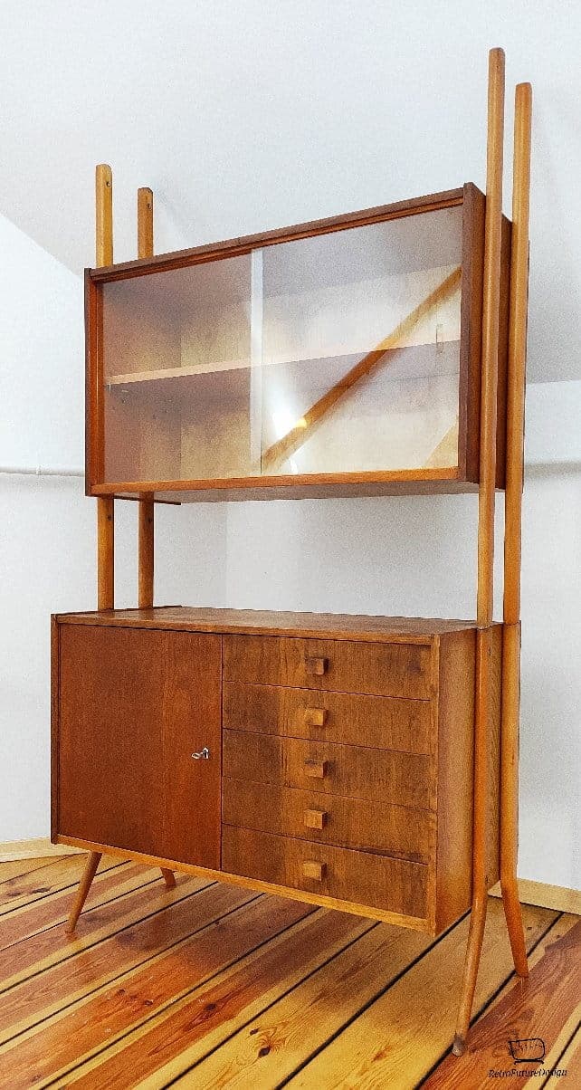 Modular shelving unit, brown wood, by F. Jirak, Tatra Nabytok, Czechoslovakia, 1960s. - 48998
