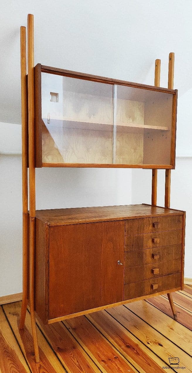 Modular shelving unit, brown wood, by F. Jirak, Tatra Nabytok, Czechoslovakia, 1960s. - 48999