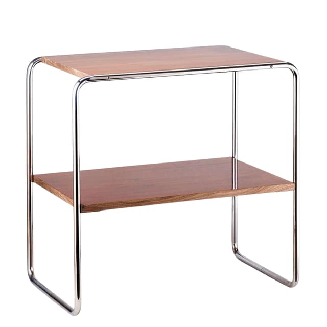 Stolik B12, dąb brązowy, stal chromowana, proj. M. Breuer, Thonet, Niemcy, lata 30. - WYMIARY