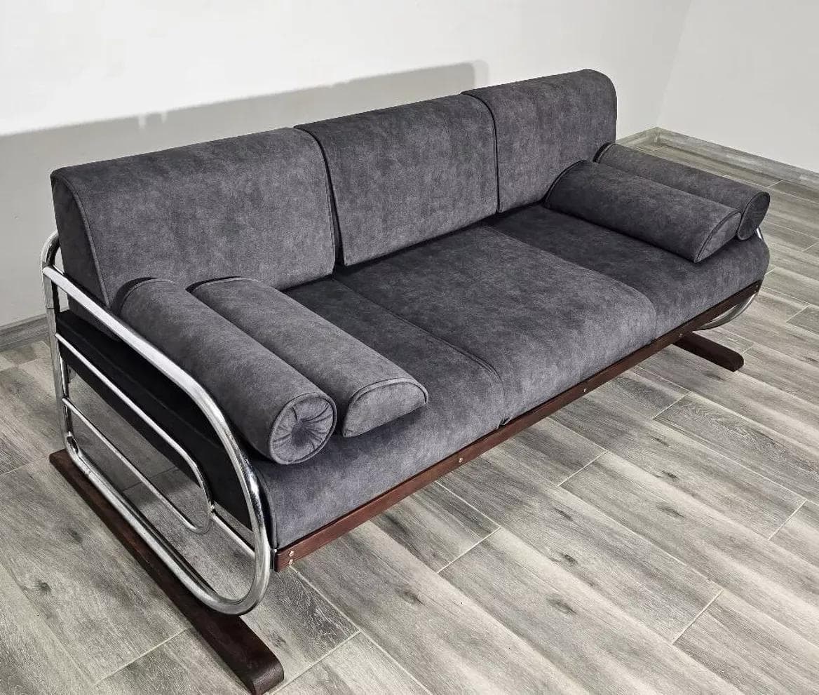 Sofa Bauhaus, grey upholstery, chrome steel, by R. Slezak, Czechoslovakia, 1960s. - 48956
