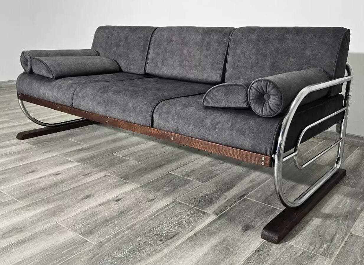 Sofa Bauhaus, grey upholstery, chrome steel, by R. Slezak, Czechoslovakia, 1960s. - 48954