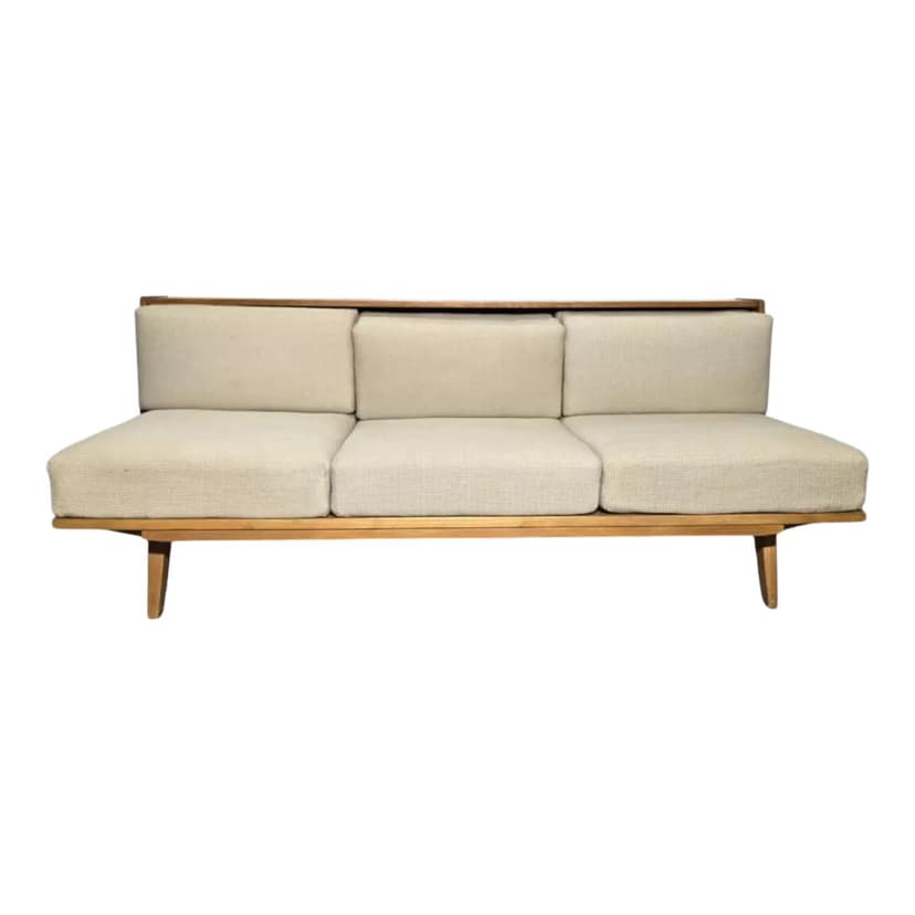 Sofa, beige, wood, Tatra Nabytok, Czechoslovakia, 1960s.