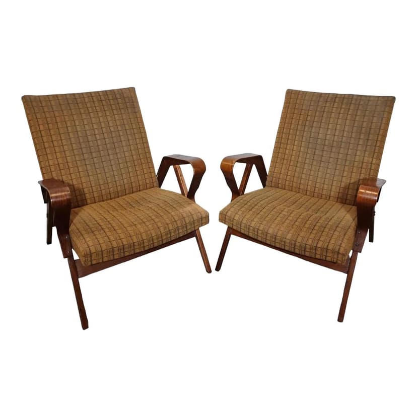 Pair of armchairs, dark brown plywood, by F. Jirak, Tatra Nabytok, Czechoslovakia, 1960s.