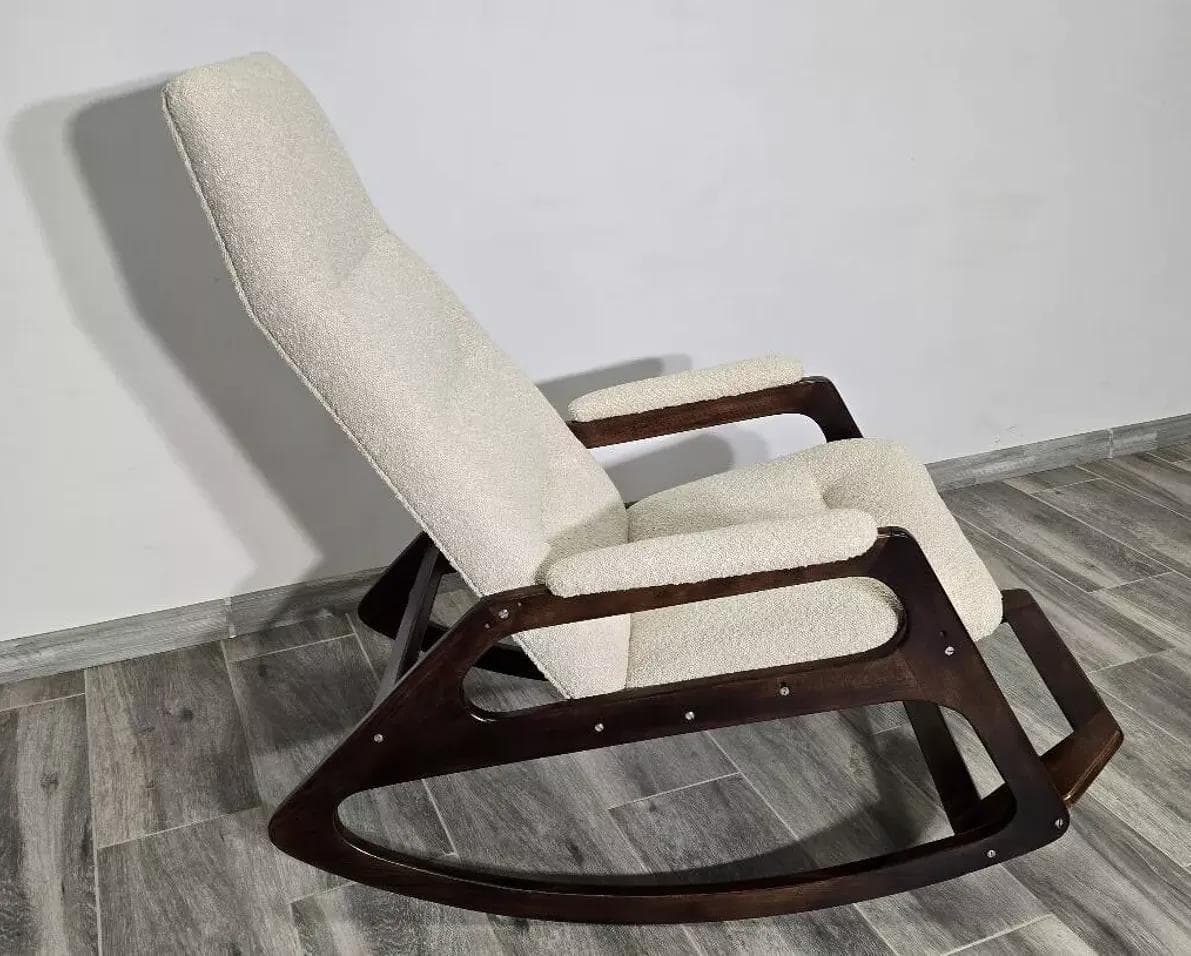 Rocking chair Uluv, ivory white bouclé, brown wood, Czechoslovakia, 1960s. - 48807