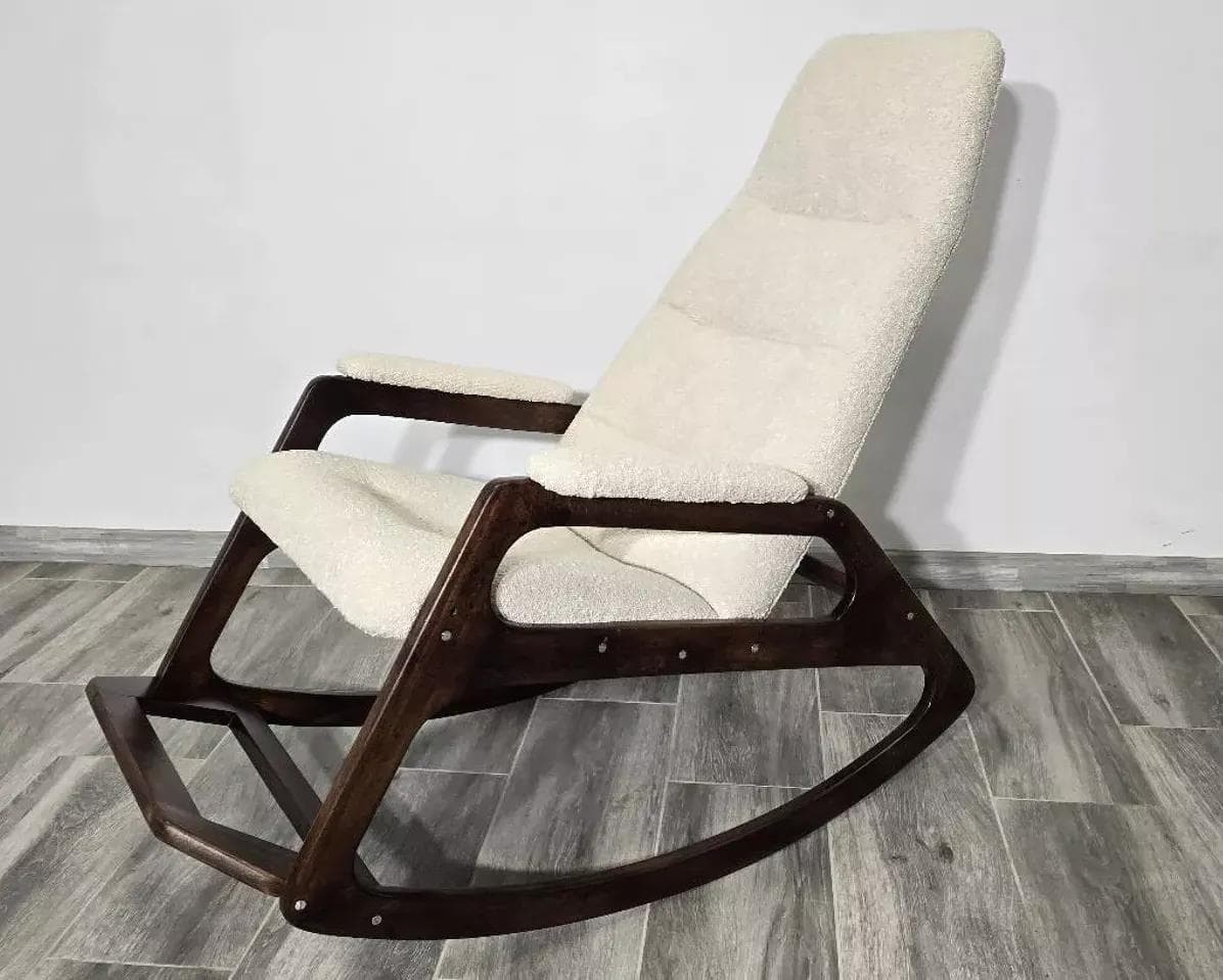 Rocking chair Uluv, ivory white bouclé, brown wood, Czechoslovakia, 1960s. - 48805