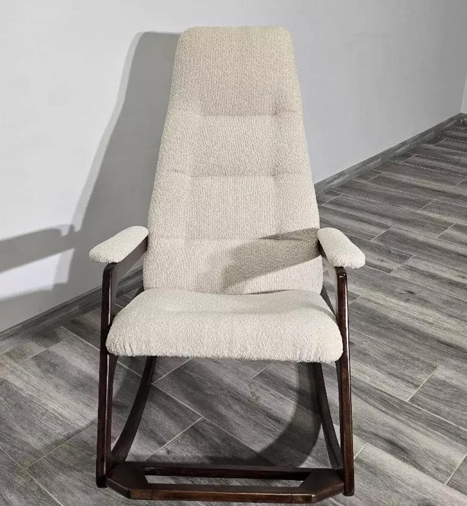 Rocking chair Uluv, ivory white bouclé, brown wood, Czechoslovakia, 1960s. - 48806