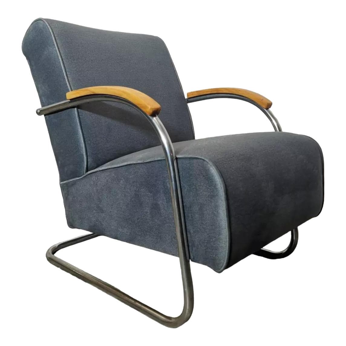 Armchair Bauhaus, grey velvet, chromed steel, wood, Mücke Melder, Czechoslovakia, 1940s.
