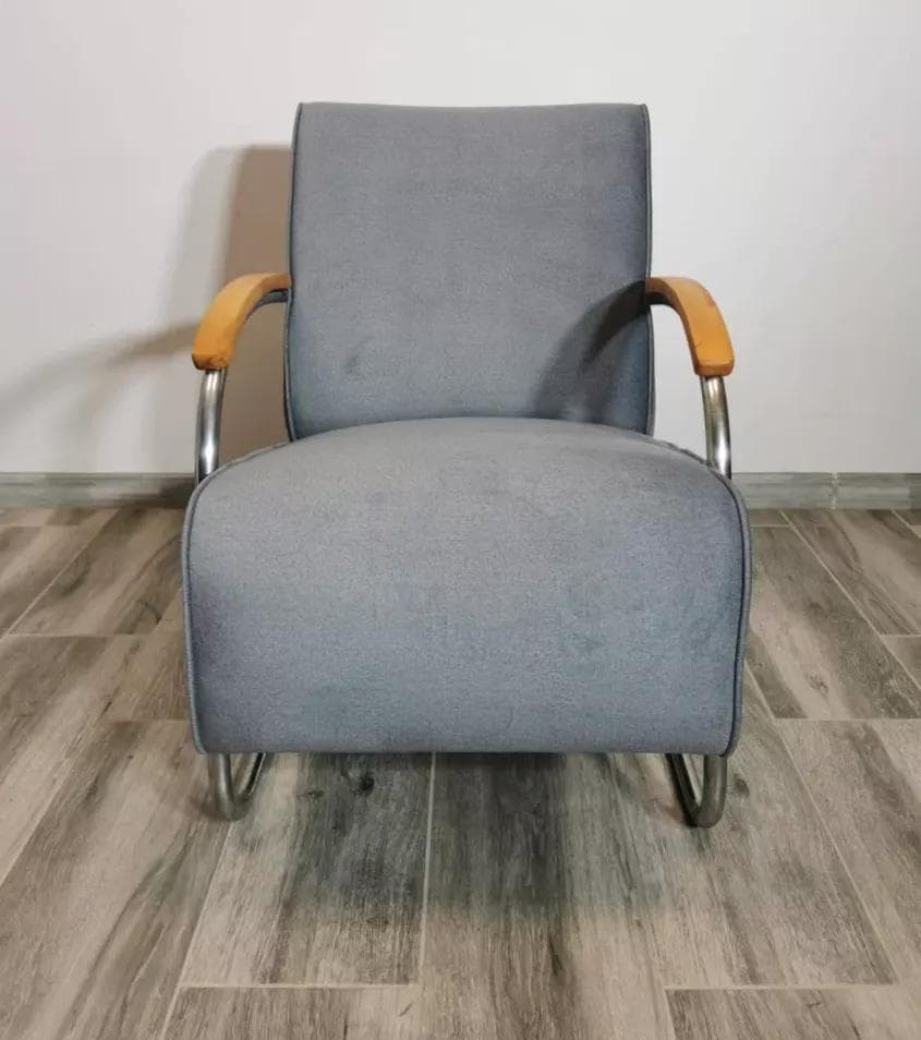 Armchair Bauhaus, grey velvet, chromed steel, wood, Mücke Melder, Czechoslovakia, 1940s. - 48801