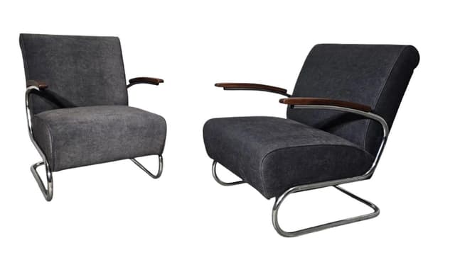 Pair of armchairs S 411, grey, chromed steel, dark wood, Mücke Melder, Czechoslovakia, 1930s. - DIMENSION