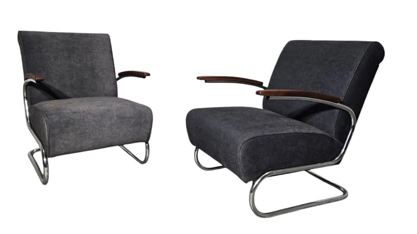 Pair of armchairs S 411, grey, chromed steel, dark wood, Mücke Melder, Czechoslovakia, 1930s.
