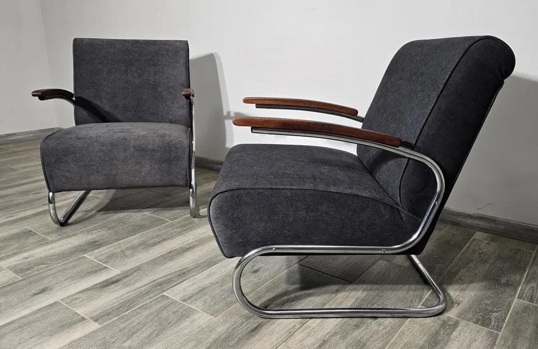 Pair of armchairs S 411, grey, chromed steel, dark wood, Mücke Melder, Czechoslovakia, 1930s. - 48787