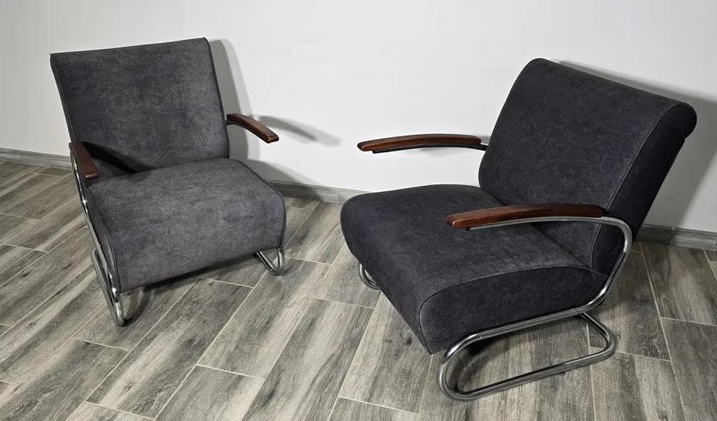 Pair of armchairs S 411, grey, chromed steel, dark wood, Mücke Melder, Czechoslovakia, 1930s. - 48786