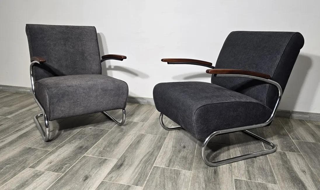 Pair of armchairs S 411, grey, chromed steel, dark wood, Mücke Melder, Czechoslovakia, 1930s. - 48785