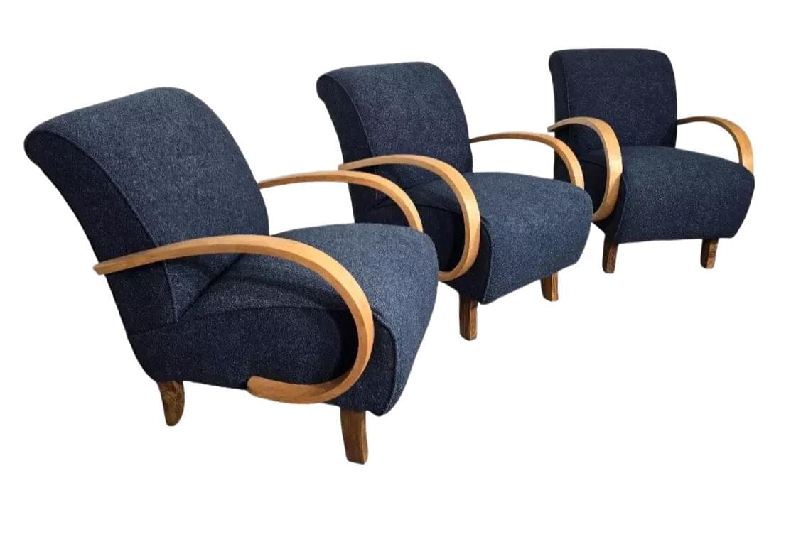Set of three armchairs H 410, navy blue, wood, by J. Halabala, UP Závody, Czechoslovakia, 1950s.