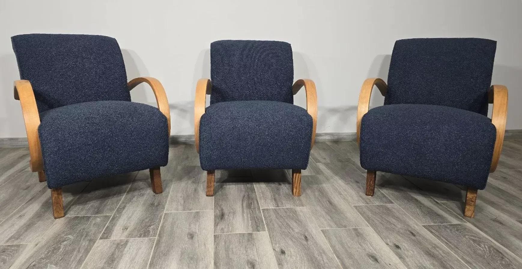 Set of three armchairs H 410, navy blue, wood, by J. Halabala, UP Závody, Czechoslovakia, 1950s. - 48778