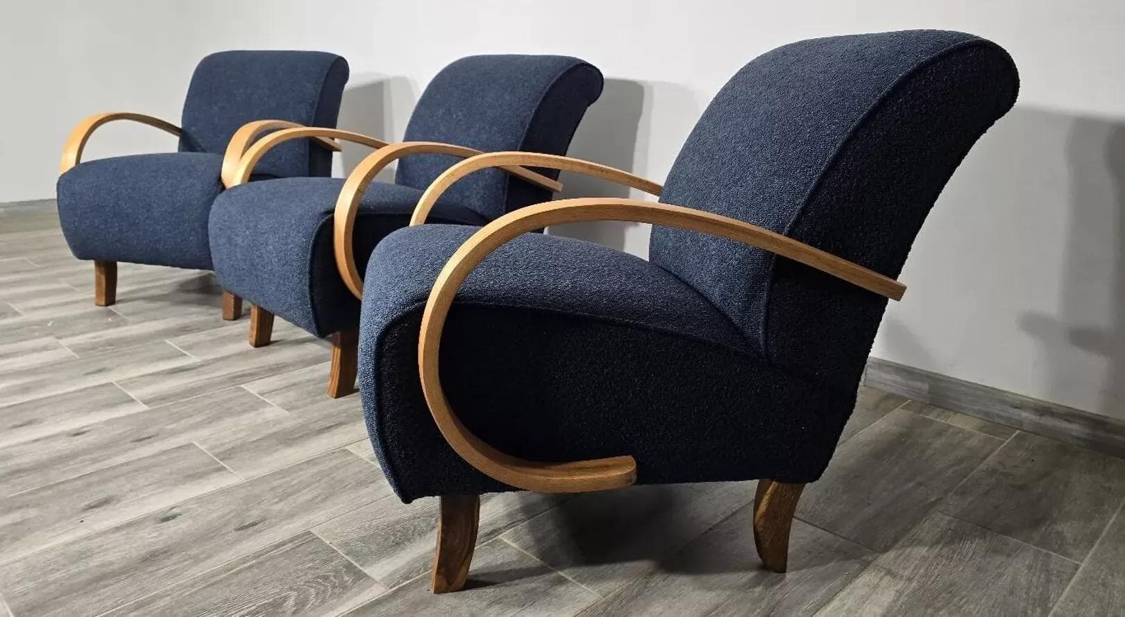 Set of three armchairs H 410, navy blue, wood, by J. Halabala, UP Závody, Czechoslovakia, 1950s. - 48779