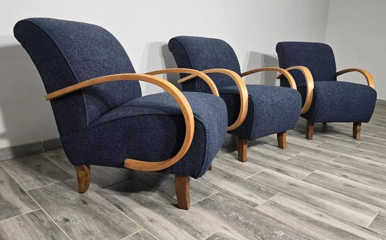 Set of three armchairs H 410, navy blue, wood, by J. Halabala, UP Závody, Czechoslovakia, 1950s. - 48777