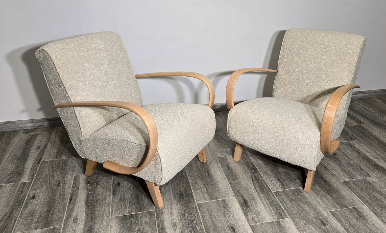 Pair of armchairs, beige bouclé, light wood, by J. Halabala, UP Závody, Czechoslovakia, 1960s. - 48774
