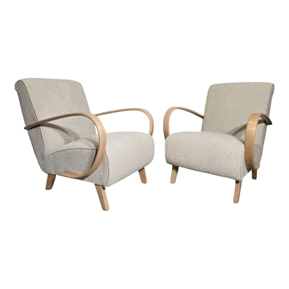Pair of armchairs, beige bouclé, light wood, by J. Halabala, UP Závody, Czechoslovakia, 1960s.