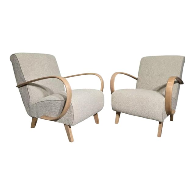 Pair of armchairs, beige bouclé, light wood, by J. Halabala, UP Závody, Czechoslovakia, 1960s. - DIMENSION
