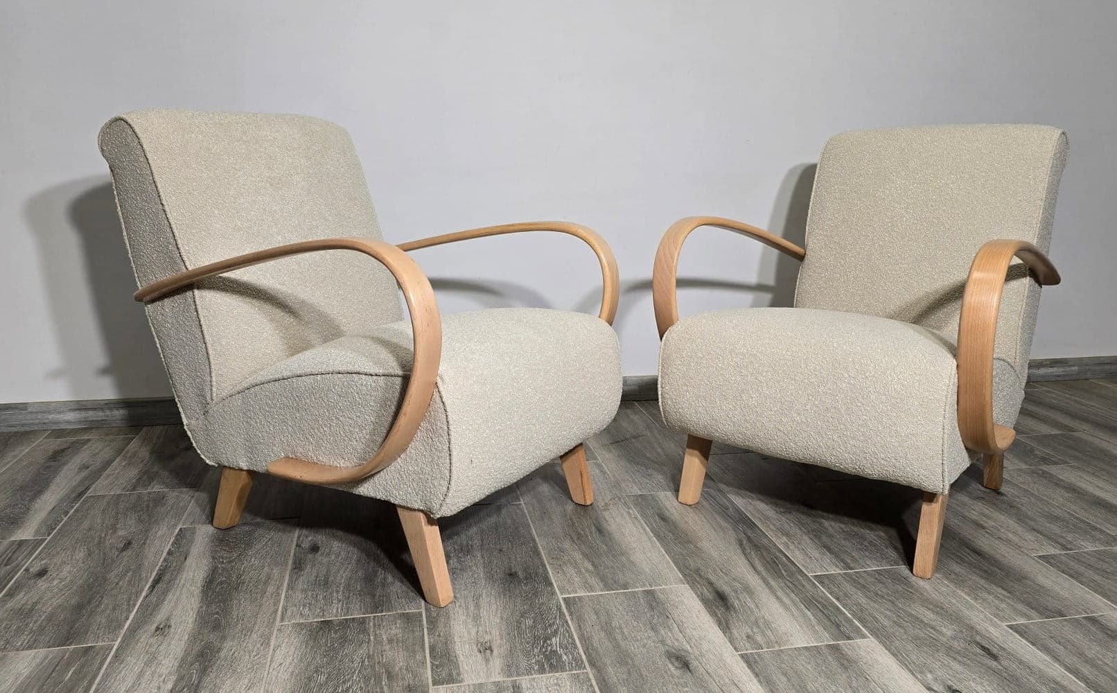 Pair of armchairs, beige bouclé, light wood, by J. Halabala, UP Závody, Czechoslovakia, 1960s. - 48773