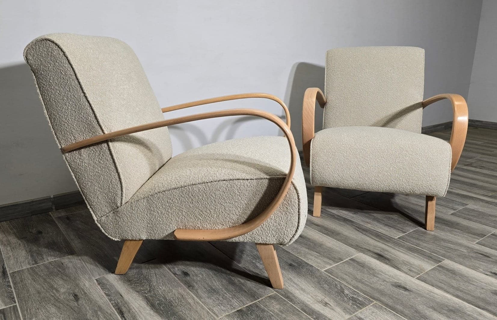 Pair of armchairs, beige bouclé, light wood, by J. Halabala, UP Závody, Czechoslovakia, 1960s. - 48775