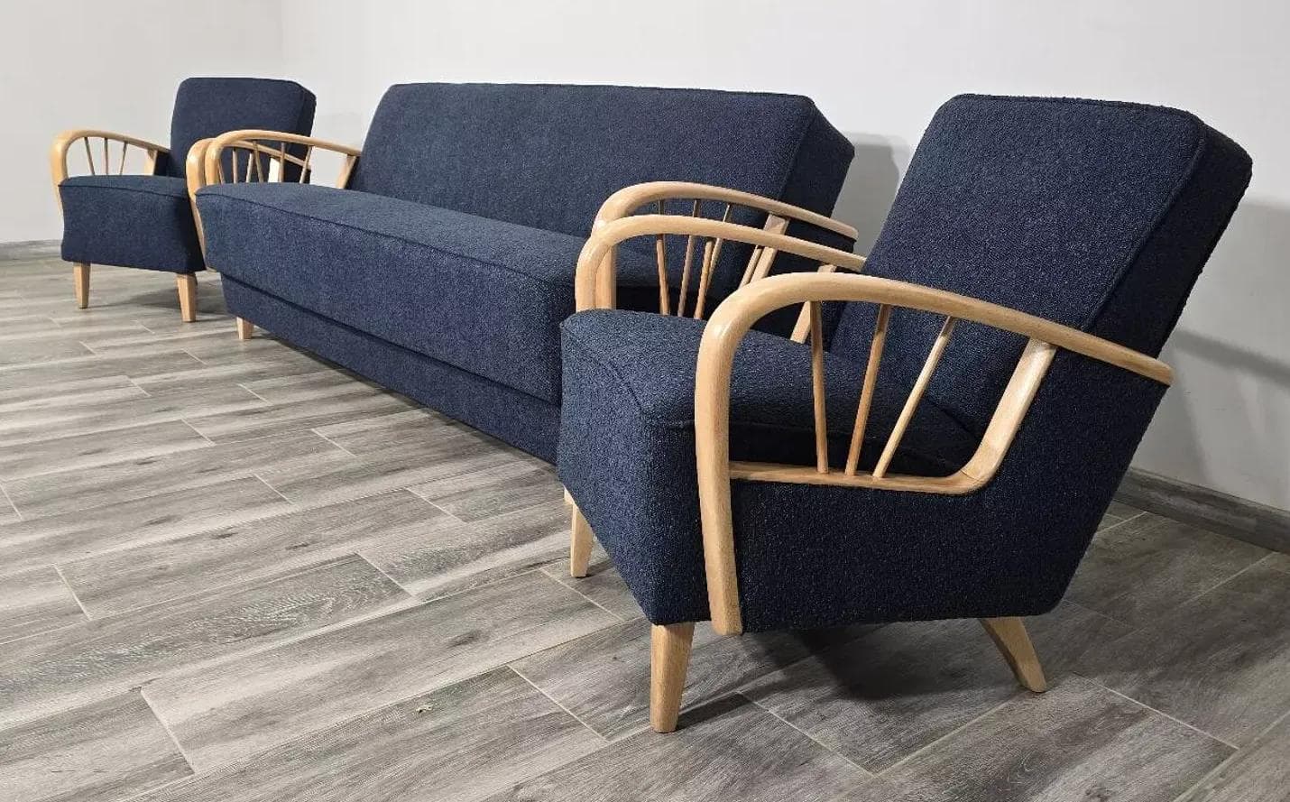 Living room set, navy blue bouclé, beech, Czechoslovakia, 1960s. - 48771