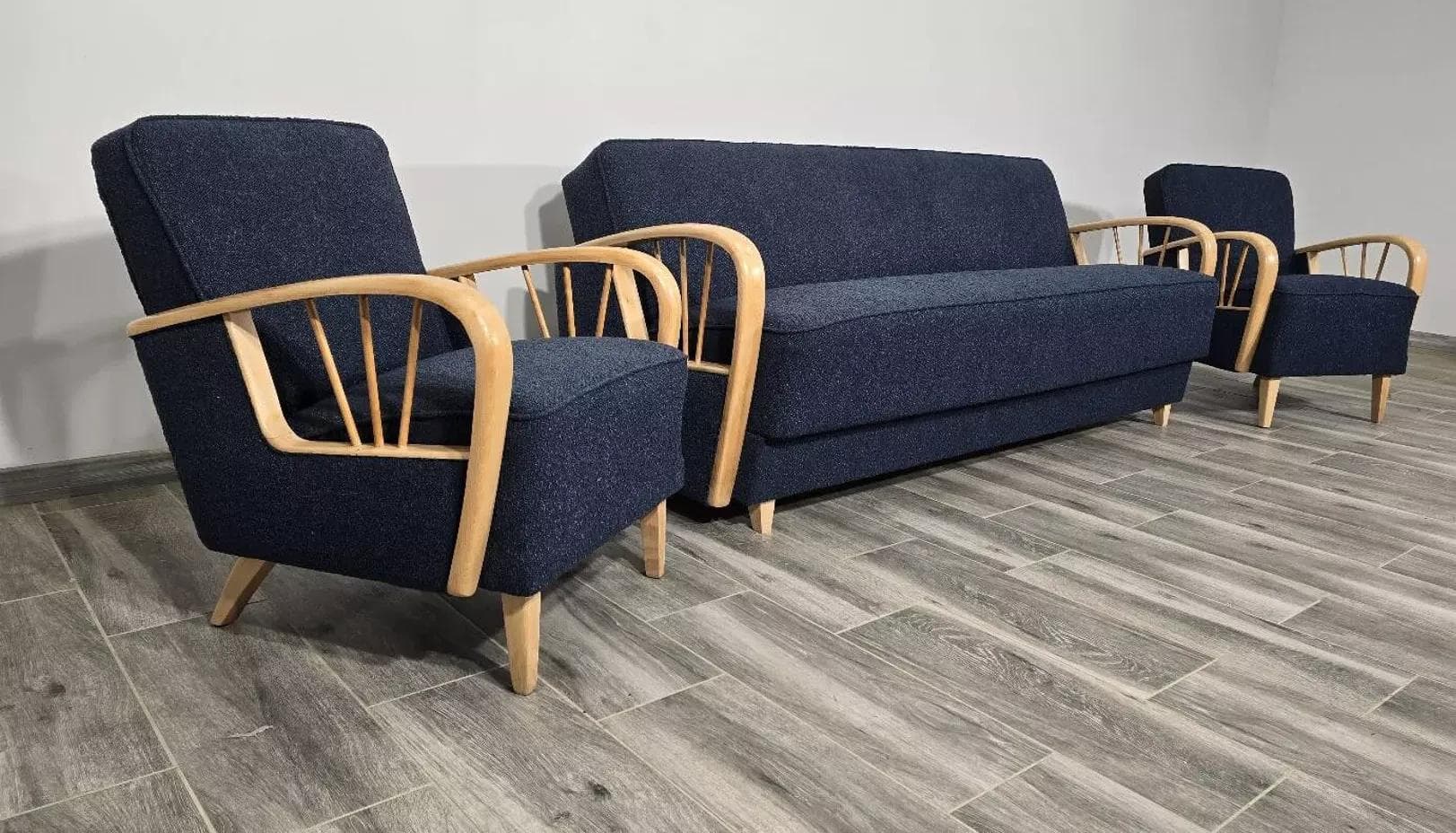 Living room set, navy blue bouclé, beech, Czechoslovakia, 1960s. - 48770