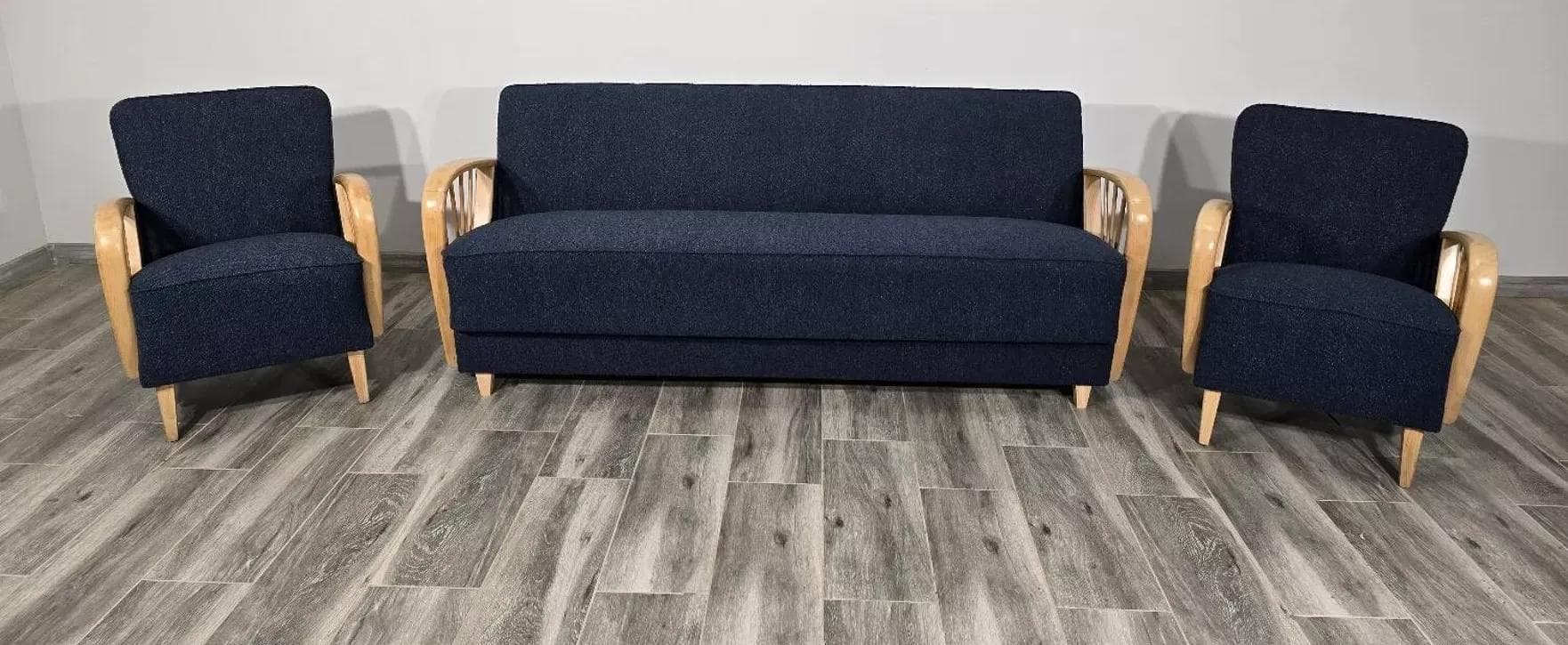Living room set, navy blue bouclé, beech, Czechoslovakia, 1960s. - 48769