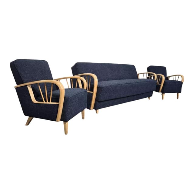 Living room set, navy blue bouclé, beech, Czechoslovakia, 1960s. - DIMENSION