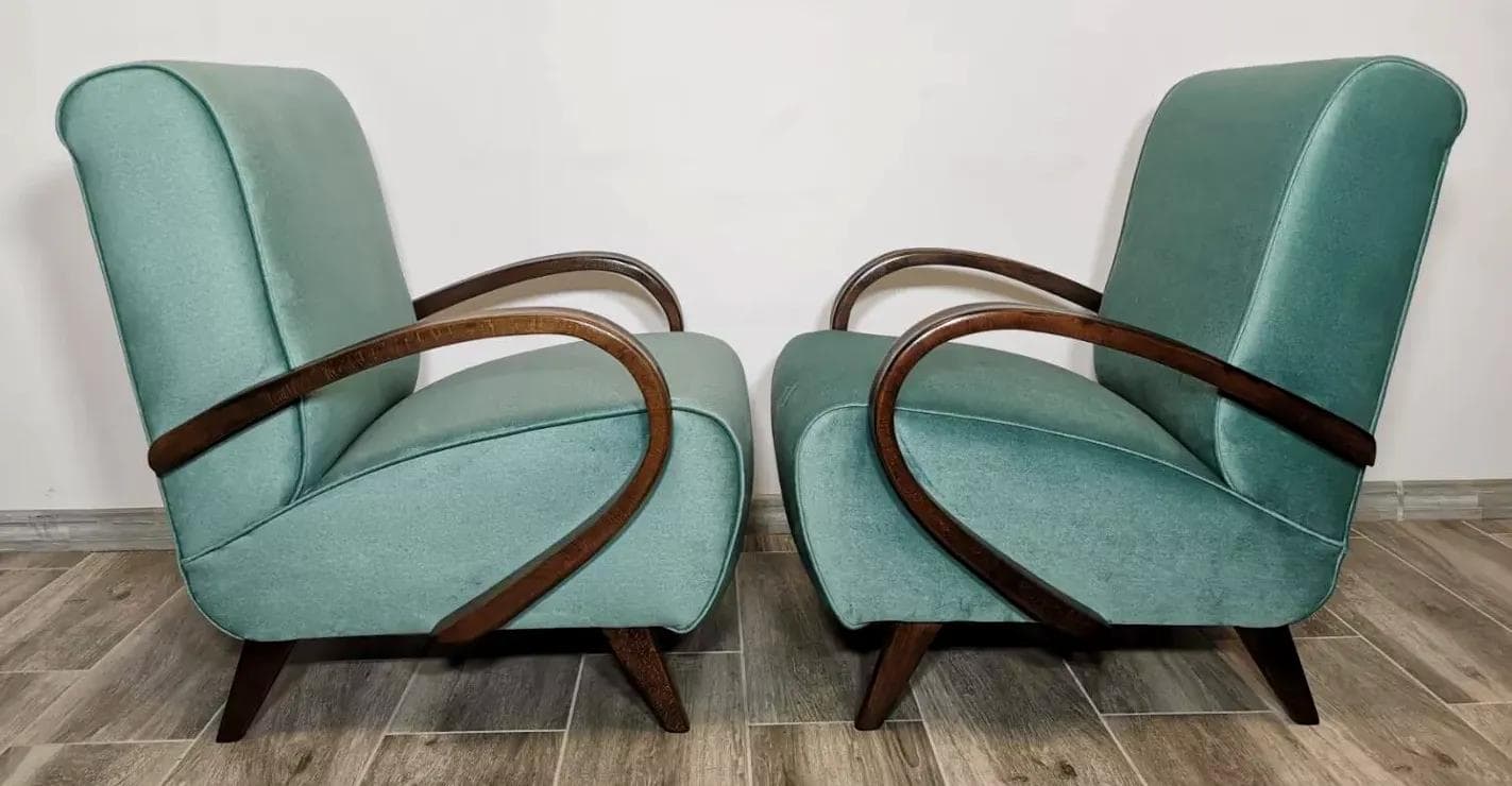 Pair of armchairs Art Deco, turquoise velvet, walnut wood, by J. Halabala, UP Závody, Czechoslovakia, 1960s. - 48767