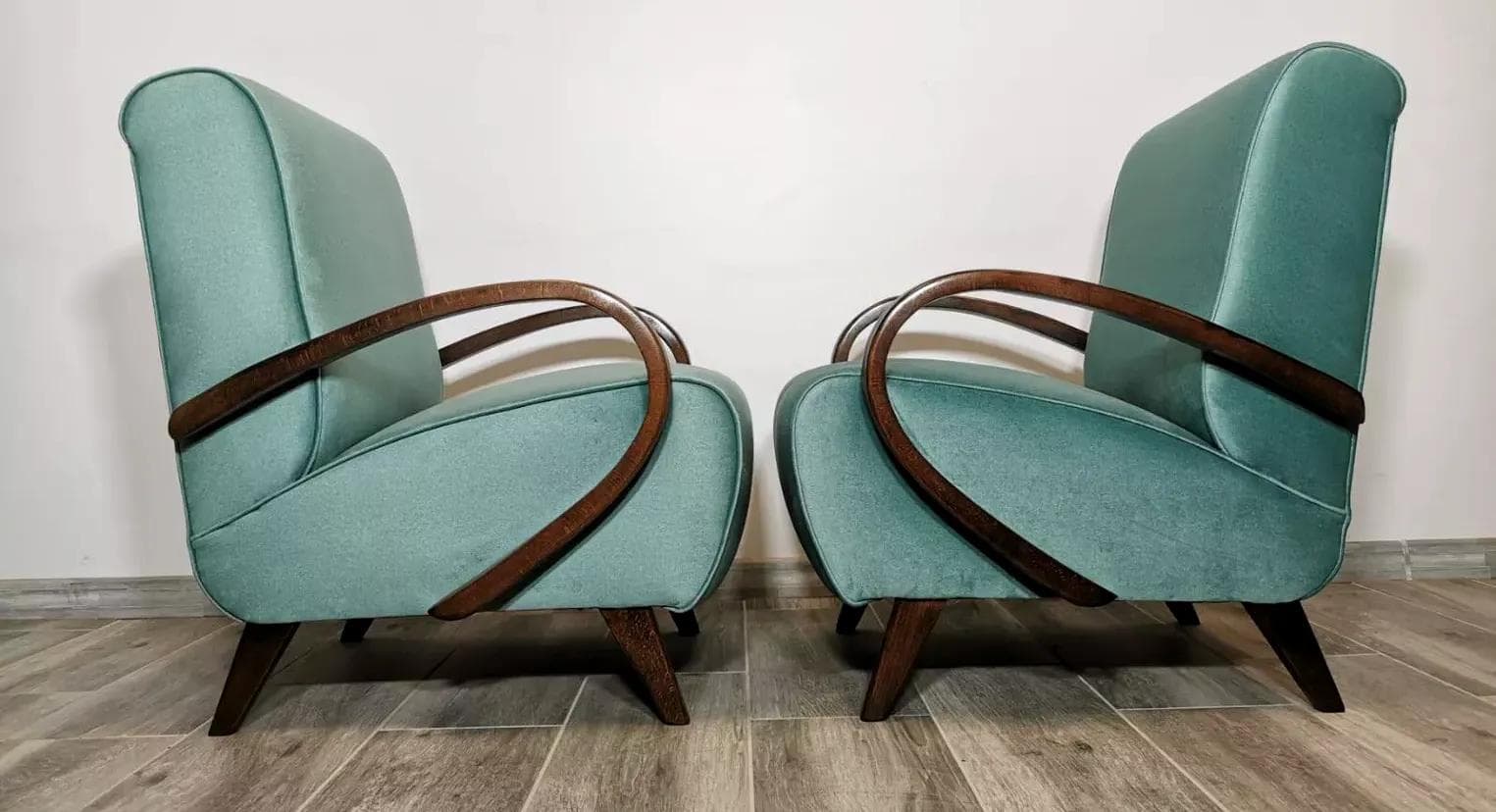 Pair of armchairs Art Deco, turquoise velvet, walnut wood, by J. Halabala, UP Závody, Czechoslovakia, 1960s. - 48765