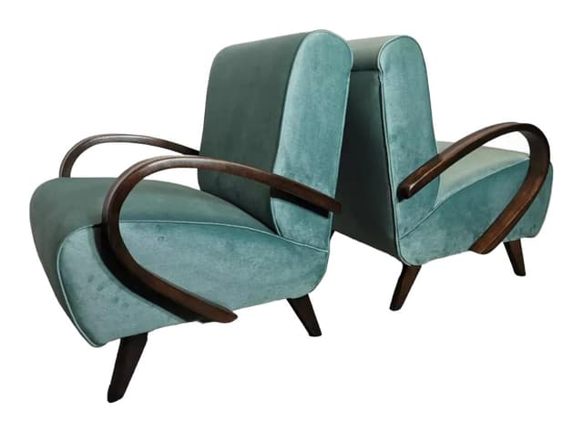 Pair of armchairs Art Deco, turquoise velvet, walnut wood, by J. Halabala, UP Závody, Czechoslovakia, 1960s. - DIMENSION