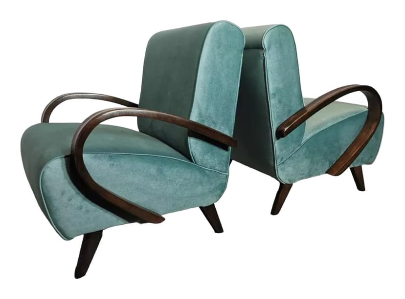 Pair of armchairs Art Deco, turquoise velvet, walnut wood, by J. Halabala, UP Závody, Czechoslovakia, 1960s.